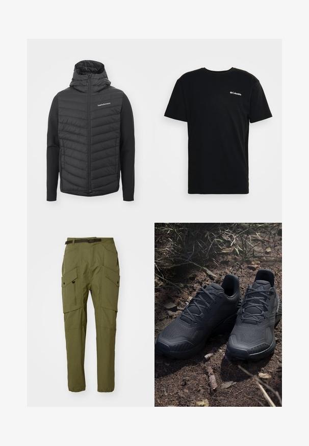 Casaco preto com capuz, apresentando um painel frontal acolchoado e mangas lisas, feito de uma mistura de materiais. Logótipo no lado superior esquerdo.; T-shirt de algodão preto com mangas curtas e decote redondo. Apresenta um pequeno logo branco da Columbia no lado esquerdo do peito. Textura suave.; Calças de carga em tecido verde olivo, com várias bolsos laterais, um cinto e um design de bainha afunilada com punhos elásticos para um ajuste seguro.; Sapatilhas atléticas pretas com um cabedal de malha texturizada, biqueira reforçada e sola acolchoada, expostas sobre um solo terroso com ramos espalhados.