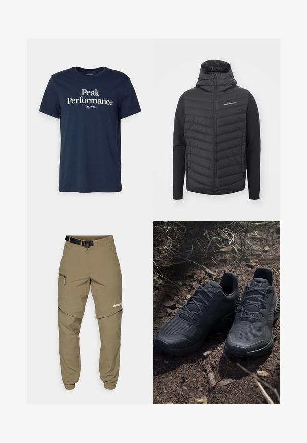 Černá kapucová bunda s prošívaným předním dílem a hladkými rukávy, vyrobená z kombinace materiálů. Logo na horní levé straně.; Námořnická modrá bavlněná tričko s textem "Peak Performance" v bílé barvě, pod nímž je "Est. 1986". Klasický kulatý výstřih a krátké rukávy.; Khaki outdoorové kalhoty s nastavitelním černým páskem, zipovými kapsami, zúženými nohavicemi a odnímatelnými spodními nohavicemi pro univerzální styl.; Černé atletické boty s texturovaným pleteným svrškem, zpevněnou špičkou a měkkou podešví, vystavené na zemi s přírodními odstíny a roztroušenými větvičkami.