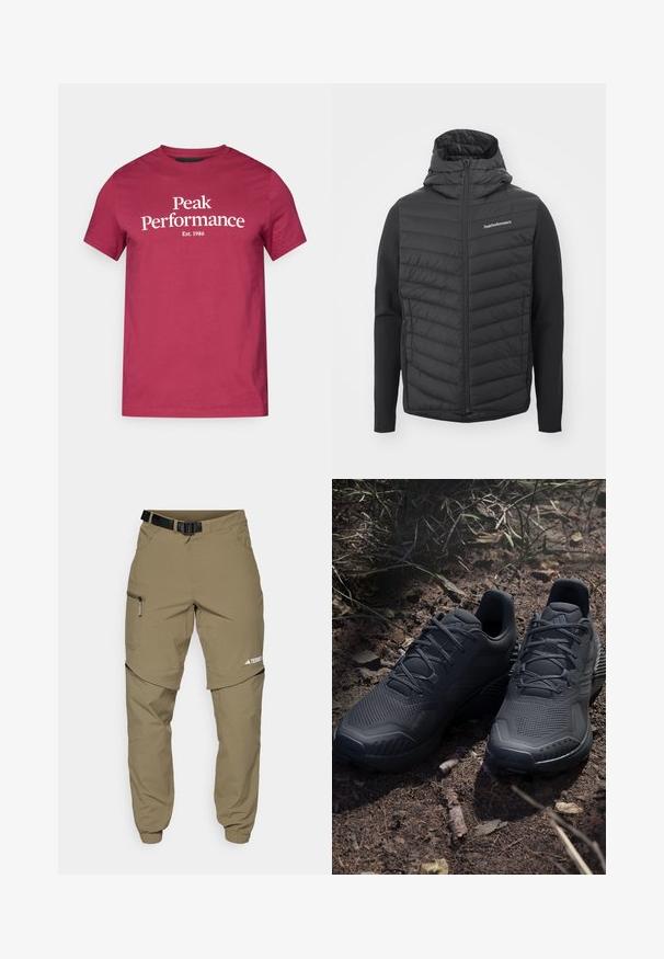 Chaqueta negra con capucha que presenta un frente acolchado y mangas lisas, fabricada con una mezcla de materiales. Logo en la parte superior izquierda.; Camiseta de algodón color burdeos con el texto blanco "Peak Performance" y "Est. 1986." Mangas cortas y diseño clásico de cuello redondo.; Pantalones de campo color caqui con un cinturón negro ajustable, bolsillos con cremallera, puños ajustados y piernas inferiores desmontables para un estilo versátil.; Zapatos deportivos negros con una parte superior de punto texturizado, puntera reforzada y suela acolchada, exhibidos sobre un suelo terrizo con ramitas dispersas.