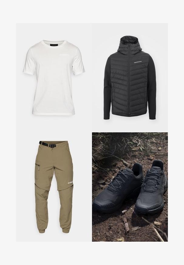 Juodas gobtuvėlis su siuvinėta priekiu ir lygiais rankovėmis, pagamintas iš medžiagų mišinio. Logotipas kairėje viršuje.; Balta trumpa rankovėmis marškinėliai, pagaminti iš minkštos medžiagos. Turi apvalų iškirpimą ir subtilų prekių ženklo detalę priekyje.; Kaki lauko kelnės su reguliuojamu juodu diržu, užtrauktukais užsegamomis kišenėmis, siaurėjančiais klešniais ir nuimamomis apatinėmis dalimis, skirtomis įvairiems stiliams.; Juodi sportiniai batai su tekstūriniu megztu paviršiumi, sustiprinta nosimi ir paminkštintu padu, išdėstyti ant žemės, kurioje išsibarsčiusios šakelės.