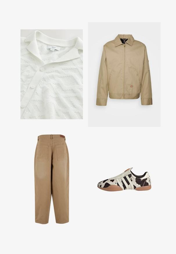 Veste en coton beige avec fermeture éclair, col classique, poches latérales et logo brodé. Présente une silhouette structurée avec un ourlet distinct.; Cardigan en tricot blanc présentant un motif géométrique texturé, un col polo et trois boutonnières à l'avant.; Trois débardeurs blancs en coton ribbé. Chacun a un col rond et une petite étiquette logo en bas. Design classique et simple.; Pantalons en coton beige avec une coupe loose, dotés de deux poches arrière et d'une étiquette à la taille. Le tissu a une texture lisse et un minimum de détails.; Chaussures en cuir avec un motif noir et blanc, présentant une finition texturée, trois rayures horizontales blanches et une semelle en caoutchouc brun.