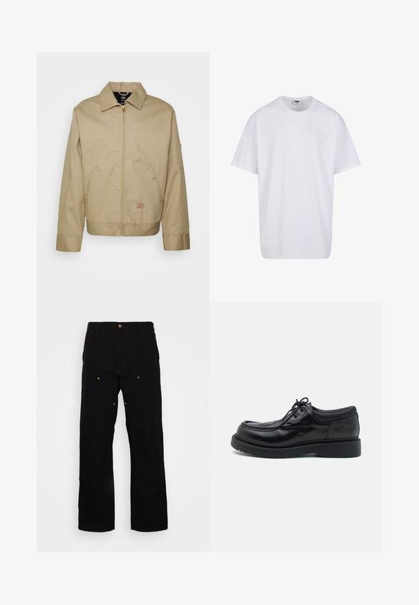 Giacca in cotone beige con chiusura a zip, colletto a punta, tasche laterali e patch con logo. Presenta una silhouette strutturata e un orlo definito.; Maglietta bianca in cotone con maniche corte, scollatura rotonda, vestibilità comoda e senza loghi o motivi visibili. Texture liscia e design minimale.; Pantaloni in denim nero con design a gamba dritta, dotati di accenti hardware dorati e cuciture visibili sulle tasche anteriori e posteriori.; Scarpe in pelle nera con punta rotonda e suola in gomma spessa. Presentano un collare intrecciato e una cucitura curva lungo la parte superiore.