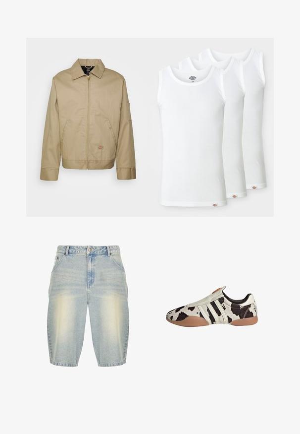 Béžová bavlněná bunda se zipovým zapínáním, límcem s špičatým střihem, bočními kapsami a logem. Vyznačuje se strukturovanou siluetou a lemem.; Tři bílé tílka vyrobené ze žebrované bavlny. Každé má kulatý výstřih a malou logo nášivku na lemu. Klasický, jednoduchý design.; Světle modré denimové šortky s vybledlým vzhledem, s klasickým pětipocket designem, páskovými smyčkami a rovný střih.; Bílo-černé kožené boty s vzorem a texturovaným povrchem, s třemi bílými horizontálními pruhy a hnědou gumovou podrážkou.