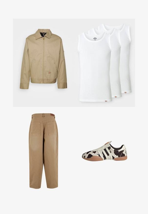 Beige cotton jacket with a zip closure, point collar, side pockets, and logo patch. Features a structured silhouette and hemline.; Three white tank tops made of ribbed cotton. Each has a round neckline and a small logo tag at the hem. Classic, simple design.; Beige cotton trousers with a loose fit, featuring two back pockets and a waistband tag. The fabric has a smooth texture and minimal detailing.; White and black patterned leather shoes with a textured finish, featuring three white horizontal stripes and a brown rubber sole.