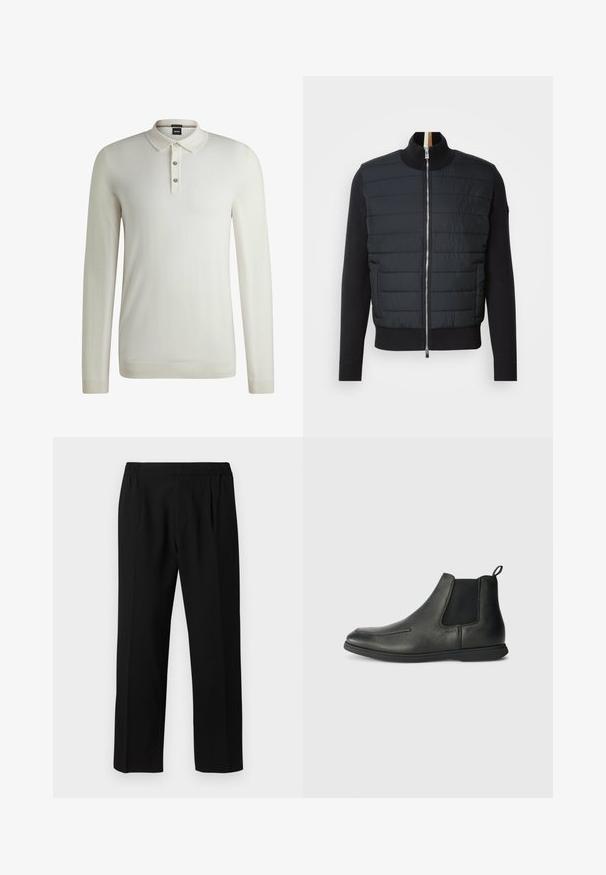 Musta takki, jossa on tikattu etuosa, korkea kaulus ja vetoketjusuljin. Valmistettu eristysmateriaalista, jossa on ribbed hihansuut ja helma, tyylikäs muotoilu.; BOSS Neule - open white eleven; Mustat housut, jotka on valmistettu sileästä kankaasta, varustettu joustavalla vyötärönauhalla, suoralla lahkeiden muotoilulla ja kahdella etupleisimällä lisäyksinä.; Musta nahkaiset nilkkurit, joissa on sileä pinta, joustavat sivupaneelit ja vetoketju takana. Pyöreä kärki ja kumipohja.