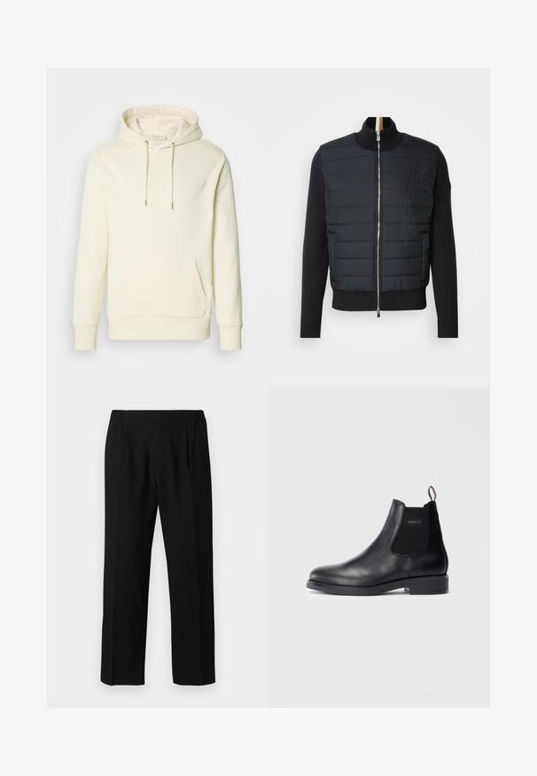 Juodas švarkas su siūtu priekiu, aukštu apykaklės ir užtrauktuku. Pagamintas iš šilumą izoliuojančio audinio, su įriptomis rankovėmis ir apačia, pasižymintis stilingu dizainu.; Kremo spalvos džemperis su priekine kišenėle, kapučinu su raišteliu ir įspaustu logotipu krūtinėje. Minkšta medžiaga su gipiūriniais rankogaliais ir apačia.; Juodi kelnės, pagamintos iš lygaus audinio, su elastinga juosmens juosta, tiesaus kirpimo dizainu ir dviem priekinėmis raukšlėmis papildomam akcentui.; Juoda odinė Chelsea tipo batai su elastingais šoniniais skydeliais, žemu kulnu, kilpos užtraukimui ant kulno ir GANT logotipu išorinėje šoninėje skydelyje.