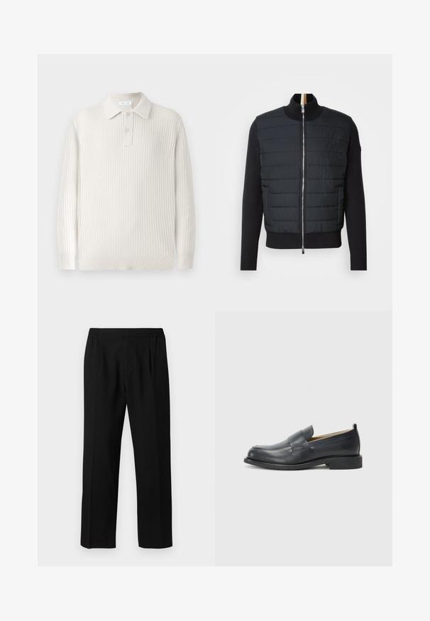 Black jacket with a quilted front, high collar, and zip closure. Made of insulated material with ribbed cuffs and hem, featuring a sleek design.; Light beige knitted polo sweater with ribbed texture, a collar, and two buttons. Features long sleeves and a fitted hem.; Black trousers made of a smooth fabric, featuring an elastic waistband, straight leg design, and two front pleats for added detail.; Black leather loafers featuring a smooth finish, a flat sole, and a rounded toe with a decorative strap across the upper.