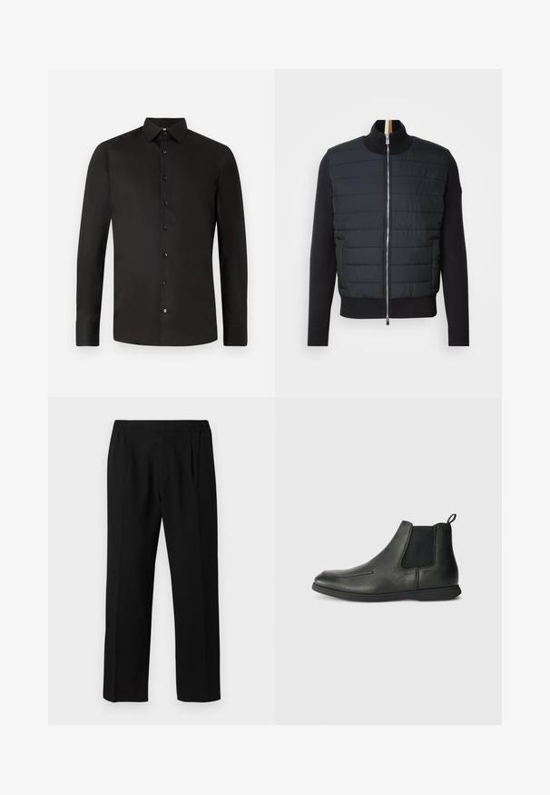 Giacca nera con parte anteriore imbottita, colletto alto e chiusura con zip. Realizzata in materiale isolante con polsini e orlo a coste, presenta un design elegante.; Maglietta nera a maniche lunghe realizzata in tessuto liscio; presenta un colletto aperto, bottoni frontali e una vestibilità su misura. Colore semplice e uniforme senza motivi.; Pantaloni neri realizzati in un tessuto morbido, con vita elastica, design a gamba dritta e due pieghe frontali per un tocco di dettaglio.; Stivaletti in pelle nera con una texture liscia, pannelli laterali elastici e una linguetta sul retro. Punta rotonda e suola in gomma.