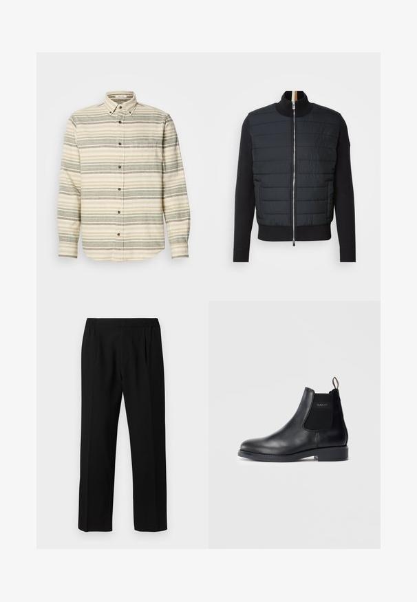 Černá bunda s prošívaným předním dílem, vysokým límcem a zipovým uzávěrem. Vyrobena z izolačního materiálu s žebrovanými manžetami a lemem, s elegantním designem.; Košile s dlouhým rukávem, béžová s green a šedými pruhy. Obsahuje náprsní kapsu a hnědé knoflíky. Vyrobena z texturované látky.; Černé kalhoty vyrobené z hladké tkaniny, s elastickým pasem, rovnými nohavicemi a dvěma předními záhyby pro zvýšení detailu.; Černé kožené Chelsea boty s elastickými bočními panely, nízkým podpatkem, poutkem na patě a logem GANT na vnější boční části.