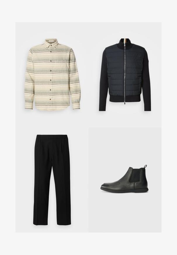 Zwarte jas met een gewatteerde voorkant, hoge kraag en ritssluiting. Gemaakt van geïsoleerd materiaal met ribgebreide manchetten en zoom, en heeft een slank ontwerp.; Langue mouwen overhemd, beige met groene en grijze strepen. Heeft een borstzak en bruine knopen. Gemaakt van een textuurstof.; Zwarte broeken van een gladde stof, met een elastische tailleband, recht model en twee plooien aan de voorkant voor extra detail.; Zwarte leren enkelboots met een gladde textuur, elastische zijpanelen en een trekband aan de achterkant. Rondneus en rubberen zool.