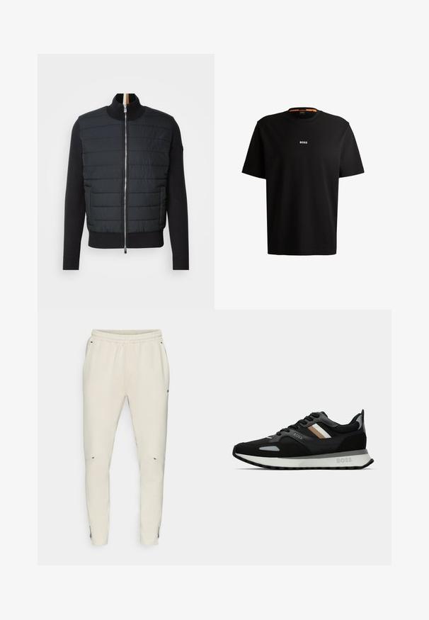 Black jacket with a quilted front, high collar, and zip closure. Made of insulated material with ribbed cuffs and hem, featuring a sleek design.; Black cotton t-shirt with round neckline, short sleeves, and white “BOSS” logo centered on the chest. Smooth texture, casual fit.; Light beige joggers with an elastic waistband, featuring side pockets and subtle zippers at the ankle. Made of soft, textured material.; Black running shoe with a textured surface, light gray accents, and three horizontal stripes in brown. Features a white cushioned sole.