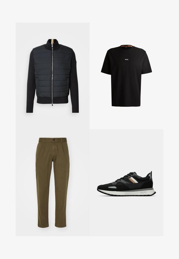 Čierna bunda s prešívaným predným dielom, vysokým golierom a zipsom. Vyrobená z izolačného materiálu, s rebrovanými manžetami a spodným okrajom, s elegantným dizajnom.; Čierne bavlnené tričko s okrúhlym výstrihom, krátkymi rukávmi a bielym logom "BOSS" umiestneným na hrudi. Hladká textúra, voľný strih.; Olivové bavlnené nohavice so rovnými nohavicami, s predným zapínaním na gombík, pútkami na opasok a bočnými vreckami. Hladká textúra.; Čierna bežecká obuv s textúrovaným povrchom, svetlošedými akcentmi a tromi horizontálnymi pruhmi v hnedej farbe. Obsahuje bielu polstrovanú podrážku.