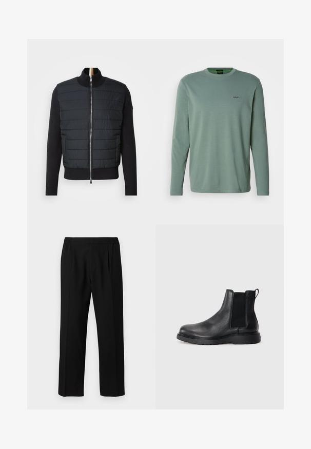 Giacca nera con parte anteriore imbottita, colletto alto e chiusura con zip. Realizzata in materiale isolante con polsini e orlo a coste, presenta un design elegante.; Maglietta a maniche lunghe verde chiaro realizzata in tessuto morbido. Presenta un collo rotondo e un piccolo logo "BOSS" ricamato sul petto.; Pantaloni neri realizzati in un tessuto morbido, con vita elastica, design a gamba dritta e due pieghe frontali per un tocco di dettaglio.; Stivali Chelsea in pelle nera con finitura testurizzata, pannelli laterali elasticizzati e suola in gomma resistente. Leggero marchio sul tallone.