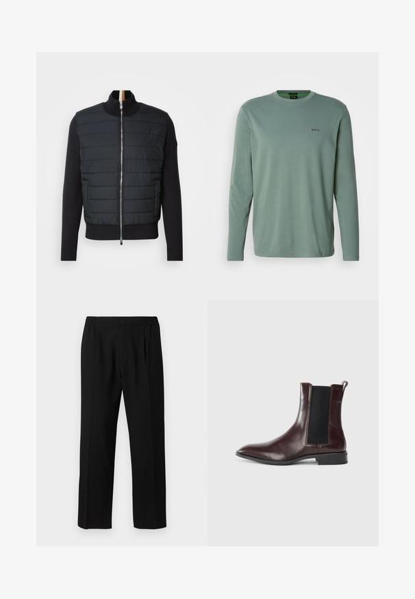 Černá bunda s prošívaným předním dílem, vysokým límcem a zipovým uzávěrem. Vyrobena z izolačního materiálu s žebrovanými manžetami a lemem, s elegantním designem.; Světle zelené tričko s dlouhým rukávem vyrobené z měkké látky. Má kulatý výstřih a malé vyšívané logo "BOSS" na hrudi.; Černé kalhoty vyrobené z hladké tkaniny, s elastickým pasem, rovnými nohavicemi a dvěma předními záhyby pro zvýšení detailu.; Hnědé kožené Chelsea boty s elastickými bočními panely, špičatou špičkou a hladkým povrchem. Černá podrážka a jemné prošívání.