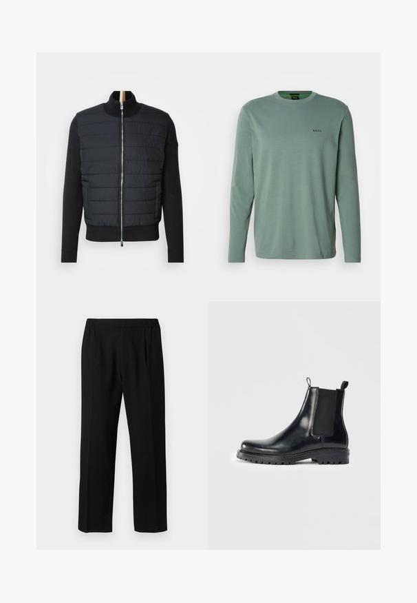 Veste noire avec un devant matelassé, un col montant et une fermeture zippée. Fabriquée en matériau isolant avec des poignets et un ourlet côtelés, elle présente un design élégant.; T-shirt à manches longues vert clair en tissu doux. Il dispose d'un col rond et d'un petit logo "BOSS" brodé sur la poitrine.; Pantalons noirs en tissu lisse, avec une ceinture élastique, un design à jambes droites et deux plis avant pour plus de détails.; Bottes Chelsea en cuir noir avec des panneaux élastiques sur les côtés, une languette pour un enfilage facile et une semelle en caoutchouc robuste avec une adhérence texturée.