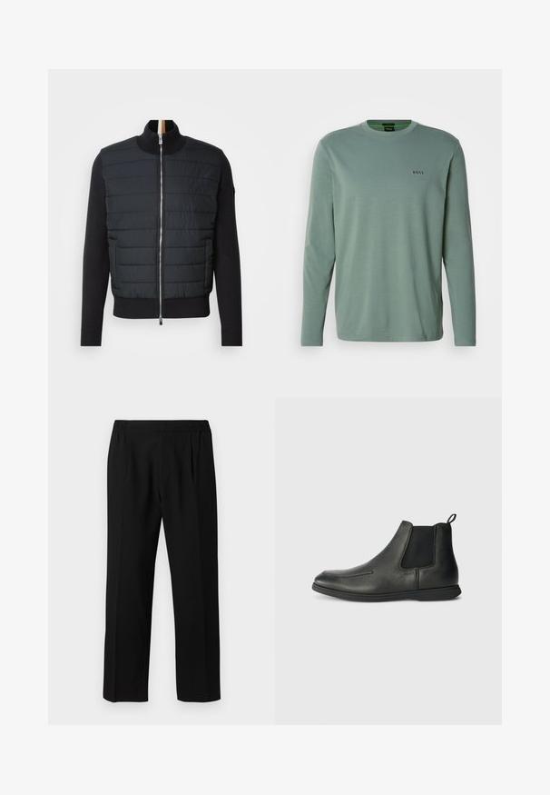 Jaqueta preta com frente acolchoada, gola alta e fecho com zip. Feita de material isolante com punhos e bainha canelados, apresentando um design elegante.; T-shirt de manga longa verde clara, feita de tecido suave. Apresenta um decote redondo e um pequeno logótipo "BOSS" bordado no peito.; Calças pretas feitas de um tecido suave, com um cós elástico, design de perna reta e dois pregues frontais para um detalhe adicional.; Botas de cano baixo em couro preto com uma textura suave, painéis laterais elásticos e uma aba na parte de trás. Bico arredondado e sola de borracha.