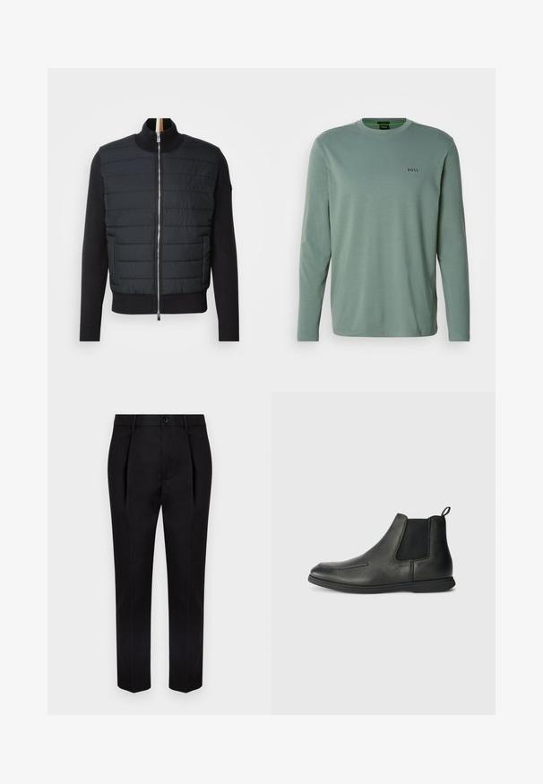 Black jacket with a quilted front, high collar, and zip closure. Made of insulated material with ribbed cuffs and hem, featuring a sleek design.; Light green long-sleeve t-shirt made of soft fabric. Features a crew neck and a small "BOSS" logo embroidered on the chest.; Black trousers with a tailored design, featuring pleats and a smooth texture. The waistband has a button closure for secure fit.; Black leather ankle boots with a smooth texture, elastic side panels, and a pull tab at the back. Rounded toe and rubber sole.