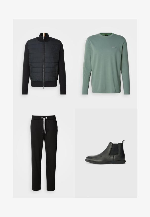 Črna jakna z qiltanim sprednjim delom, visokim ovratnikom in zadrgo. Narejena iz izolativnega materiala z rebrastimi manšetami in obodom, ki se ponaša z elegantnim dizajnom.; Svetlo zelena dolga majica z dolgimi rokavi, izdelana iz mehkega blaga. Ima okrogel izrez in majhen izvezen logotip "BOSS" na prsih.; Črne trenirke iz mehkega blaga, z elastičnim pasom in vrvico ter stranskimi žepi. Prilagodljiv dizajn s ravnim krojem.; Črne usnjene gležnjarje z gladko teksturo, elastičnimi stranskimi paneli in zanko na zadnji strani. Okrogla konica in gumijast podplat.