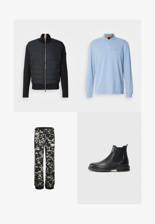 Schwarze Jacke mit gesteppter Front, hohem Kragen und Reißverschluss. Hergestellt aus isolierendem Material mit gerippten Bündchen und Saum, zeichnet sich durch ein elegantes Design aus.; Helles blaues Langarm-Polohemd aus strukturiertem Stoff mit Kragen und Zwei-Knopf-Leiste, versehen mit gesticktem "BOSS"-Logo auf der Brust.; Schwarze wasserfeste Schneehosen mit einem Spritzer-Muster in Creme und Braun. Verfügt über einen elastischen Saum und einen verstellbaren Bund.; Schwarze Leder-Chelsea-Stiefel mit elastischen Seitenpaneelen, Ziehschlaufe, abgerundetem Zeh und robustem Profilsohle mit Traktionsrillen.