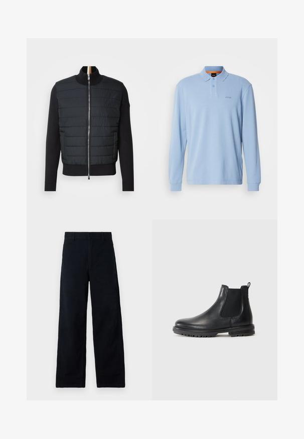 Melna jaka ar quiltētu priekšpusi, augstu apkakli un rāvējslēdzēja aizdari. Izgatavota no siltumizolējoša materiāla ar ribotām aprocēm un apakšmalu, ar elegantu dizainu.; Gaiši zils garām piedurknēm polo krekls ar teksturētu audumu, ar apkakli un divu pogu aizdari, uz krūtīm ir izšūts "BOSS" logo.; Melnas platums bikses izgatavotas no kokvilnas ar gludu tekstūru, ar standarta jostas vietu un smalkām sānu šuvēm. Redzamās kabatas nav.; Melnas ādas Čelsijas zābaki ar elastīgām sānu paneļiem, vilkšanas cilpu, noapaļotu purngalu un izturīgu zoli ar gumijas protektora rievām.