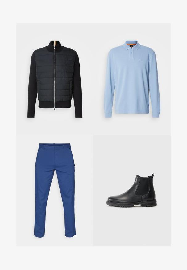Črna jakna z qiltanim sprednjim delom, visokim ovratnikom in zadrgo. Narejena iz izolativnega materiala z rebrastimi manšetami in obodom, ki se ponaša z elegantnim dizajnom.; Svetlo modra dolgoslezna polo majica iz teksturiranega materiala s ovratnikom in dvema gumboma, ki ima na prsnem delu vezeno logotip "BOSS".; Modre hlače iz gladkega materiala, s krojem ravne linije, dvema stranskima žepoma in zankami za pas. Brez vidnih vzorcev ali kovinskih detajlov.; Črne usnjene Chelsea škornje z elastičnimi stranskimi paneli, zanke za oblačenje, zaobljenim nosom in robustnim podplatom, ki ima utore za oprijem.