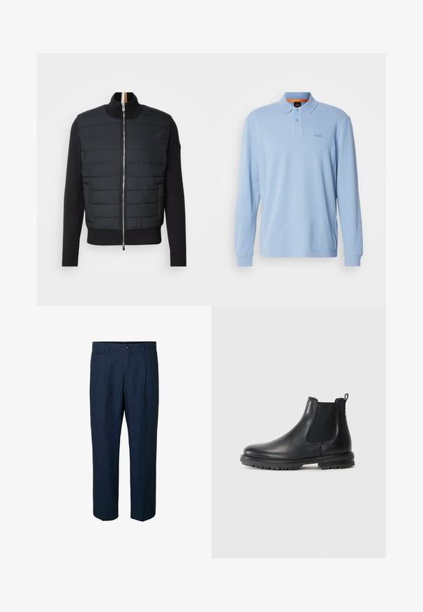 Crni sakou s poplavljenom prednjom stranom, visokim ovratnikom i zatvaranjem na patentni zatvarač. Izrađen od izoliranog materijala s rebrastim manžetama i rubom, s elegantnim dizajnom.; Svijetloplav muškarac dugi rukav polo majica od teksturiranog materijala s kragnom i dvostrukim gumbom, s izvezenim "BOSS" logotipom na prsima.; Tamnoplave lanene hlače ravnog kroja, s dva prednja džepa, dva stražnja džepa i jednim kopčanjem na gumbu u struku.; Crne kožne Chelsea čizme s elastičnim bočnim panelima, petnom trakom, zaobljenim prstima i tvrdom potplatom koji ima utore za prianjanje.
