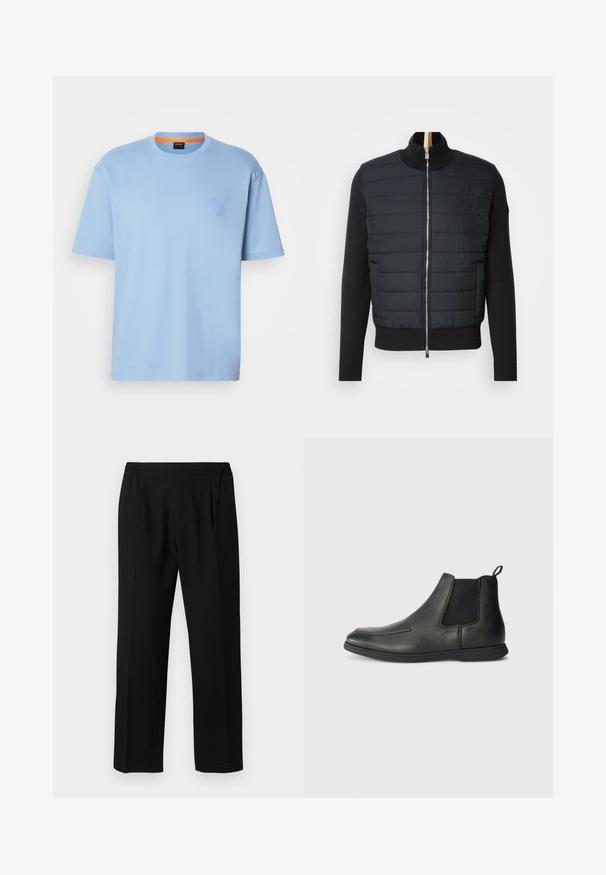 Svart jakke med quiltet front, høy krage og glidelås. Laget av isolert materiale med ribbede mansjetter og kant, med en slank design.; Lyseblå kortermet T-skjorte med rund hals og diskret logo på brystet, samt oransje detaljer innvendig i kragen.; Svarte bukser laget av et glatt stoff, med elastisk liv, rett ben-design og to frontfold for ekstra detaljer.; Svarte lærankleboots med en glatt tekstur, elastiske sidelapper og en løfteløkke bak. Rund tå og gummisåle.
