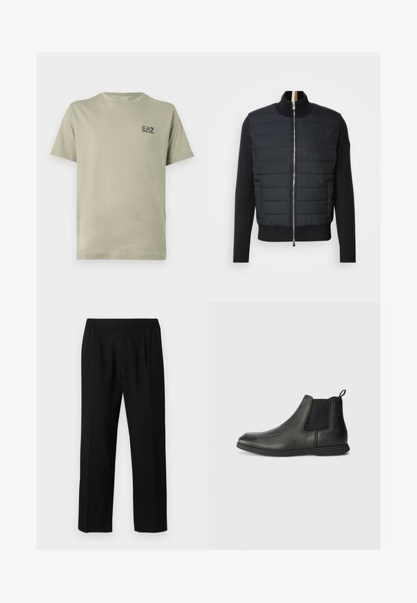 Svart jakke med quiltet front, høy krage og glidelås. Laget av isolert materiale med ribbede mansjetter og kant, med en slank design.; Olivengrønn bomulls-T-skjorte med rund crew-hals og korte ermer. Har en liten svart EA7-logo på fremsiden.; Svarte bukser laget av et glatt stoff, med elastisk liv, rett ben-design og to frontfold for ekstra detaljer.; Svarte lærankleboots med en glatt tekstur, elastiske sidelapper og en løfteløkke bak. Rund tå og gummisåle.