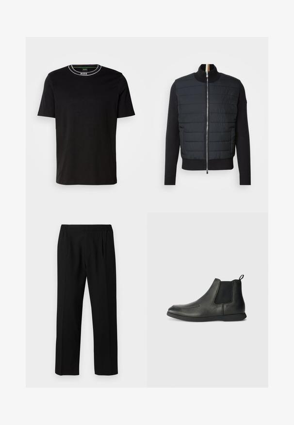 Černá bunda s prošívaným předním dílem, vysokým límcem a zipovým uzávěrem. Vyrobena z izolačního materiálu s žebrovanými manžetami a lemem, s elegantním designem.; Černé tričko s krátkým rukávem vyrobené z bavlny, s kulatým výstřihem a bílým prošitím a logem 'BOSS' na límci. Klasický střih.; Černé kalhoty vyrobené z hladké tkaniny, s elastickým pasem, rovnými nohavicemi a dvěma předními záhyby pro zvýšení detailu.; Černé kožené kotníkové boty s hladkým povrchem, elastickými bočními panely a poutkem na zadní straně. Oblý špička a gumová podrážka.
