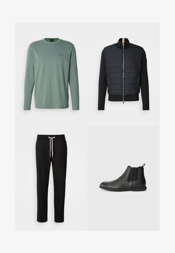 Czarna kurtka z pikowanym przodem, wysokim kołnierzem i zapięciem na zamek. Wykonana z materiału izolacyjnego, z dzianinowymi mankietami i dołem, charakteryzująca się eleganckim wyglądem.; Jasnozielona longsleeve z miękkiego materiału. Posiada okrągły dekolt i małe logo "BOSS" wyszyte na klatce piersiowej.; Czarne dresy wykonane z miękkiego materiału, z elastycznym pasem w talii i sznurkiem oraz kieszeniami bocznymi. Casualowy design o prostym kroju.; Czarne skórzane botki za kostkę o gładkiej fakturze, z elastycznymi bokami i pętelką z tyłu. Okrągły nos i gumowa podeszwa.