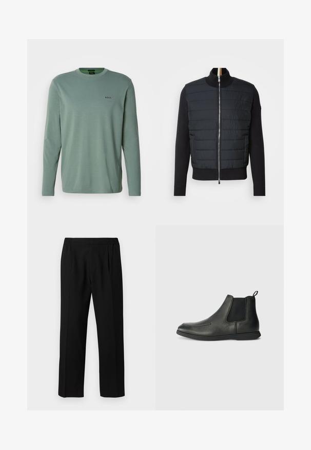 Musta takki, jossa on tikattu etuosa, korkea kaulus ja vetoketjusuljin. Valmistettu eristysmateriaalista, jossa on ribbed hihansuut ja helma, tyylikäs muotoilu.; Vaaleanvihreä pitkähihainen t-paita, joka on valmistettu pehmeästä kankaasta. Tässä paidassa on pyöreä pääntie ja pieni, rintaan kirjailtu "BOSS"-logo.; Mustat housut, jotka on valmistettu sileästä kankaasta, varustettu joustavalla vyötärönauhalla, suoralla lahkeiden muotoilulla ja kahdella etupleisimällä lisäyksinä.; Musta nahkaiset nilkkurit, joissa on sileä pinta, joustavat sivupaneelit ja vetoketju takana. Pyöreä kärki ja kumipohja.