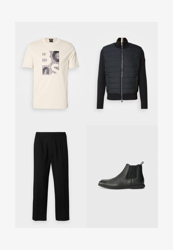 Sort jakke med quiltet front, høj krave og lynlåslukning. Fremstillet af isoleringsmateriale med ribbet manchetter og kant, der har et strømlinet design.; Off-white T-shirt med korte ærmer, prydet med en sort- og hvid tekstureret firkantet grafik, der staver "BOSS" på forsiden, og en mærket halslabel.; Sorte bukser lavet af et glat stof, med et elastisk taljebånd, lige ben-design og to frontfolder for ekstra detaljer.; Sorte læder ankelstøvler med en glat overflade, elastiske sidepaneler og en løkke bagpå. Rundet tå og gummisål.