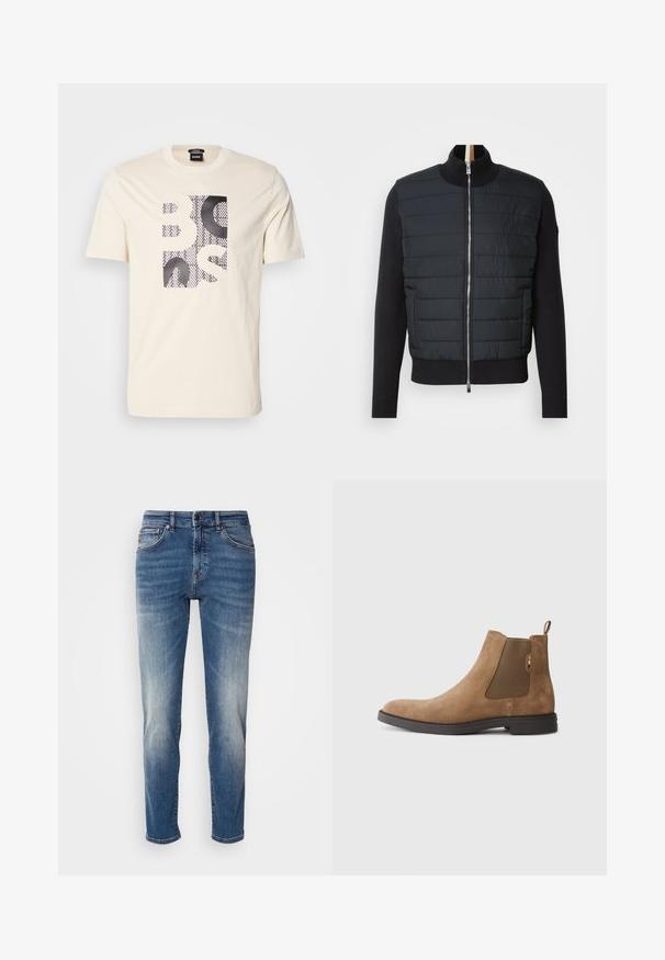 Crni sakou s poplavljenom prednjom stranom, visokim ovratnikom i zatvaranjem na patentni zatvarač. Izrađen od izoliranog materijala s rebrastim manžetama i rubom, s elegantnim dizajnom.; Kratka majica bez rukava boje of- white s crno-bijelim teksturiranim kvadratnim grafičkim prikazom koji na prednjoj strani piše "BOSS" i oznakom brenda na izrezima.; Plave traperice s ravnim nogavicama, blagim izbljeđivanjem, klasičnim stilom s pet džepova i zatvaračem s gumbom.; Smeđi nubuk Chelsea boot s elastičnim bočnim panelima i trakicom za vuču. Ima zaobljeni vrh i ravni gumeni potplat za stabilnost.