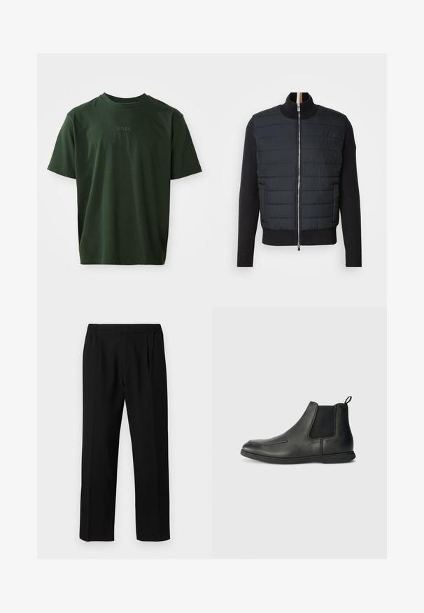 Zwarte jas met een gewatteerde voorkant, hoge kraag en ritssluiting. Gemaakt van geïsoleerd materiaal met ribgebreide manchetten en zoom, en heeft een slank ontwerp.; Donkergroene t-shirt met korte mouwen, gemaakt van zachte stof. Het heeft een ronde hals en een subtiele reliëf "BOSS" logo op de voorkant.; Zwarte broeken van een gladde stof, met een elastische tailleband, recht model en twee plooien aan de voorkant voor extra detail.; Zwarte leren enkelboots met een gladde textuur, elastische zijpanelen en een trekband aan de achterkant. Rondneus en rubberen zool.