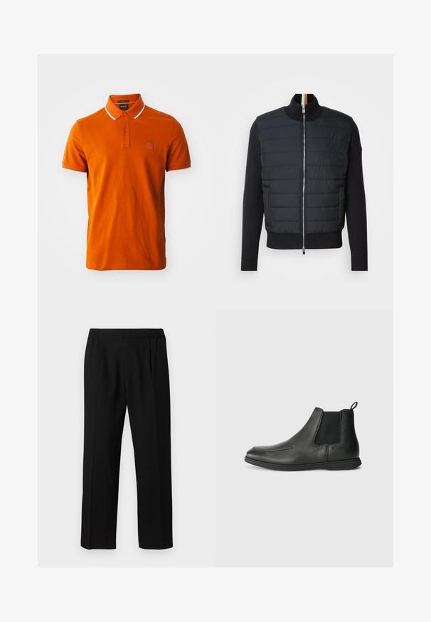 Black jacket with a quilted front, high collar, and zip closure. Made of insulated material with ribbed cuffs and hem, featuring a sleek design.; Orange polo shirt made of cotton, featuring a two-button placket, white accents on the collar and sleeves, and a branded patch.; Black trousers made of a smooth fabric, featuring an elastic waistband, straight leg design, and two front pleats for added detail.; Black leather ankle boots with a smooth texture, elastic side panels, and a pull tab at the back. Rounded toe and rubber sole.