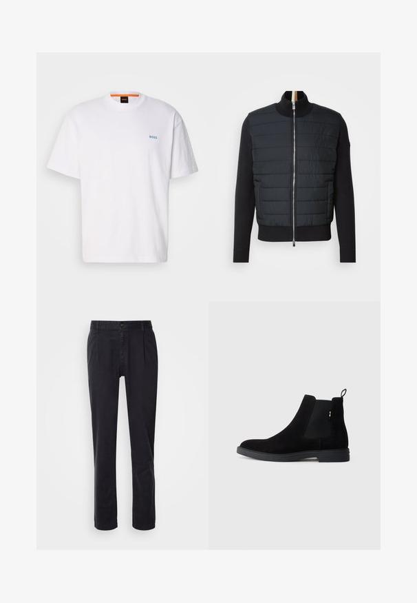 Mustas jope, millel on tikitud eesmine osa, kõrge kaelus ja tõmbluku sulgemine. Valmistatud isoleerivast materjalist, millel on soonilised mansetid ja ääred, omades samas stiilset disaini.; Valge puuvillane T-särk, millel on lühikesed varrukad, ümmargune kaelus ja vasakul rinnal helesinine "BOSS" logo.; Mustad kohandatud püksid, mis on valmistatud siledast kangast. Omavad esipaneeli, kahte küljetaskut ja sirgeid jalgu. Minimalistlik disain, ilma mustriteta.; Mustad nubuk Chelsea saapad elastsete külgpaneelide, ümarate varvaste ja madala kummitaldiga. Tagaküljel on tõmblõng lihtsaks jalga panemiseks.
