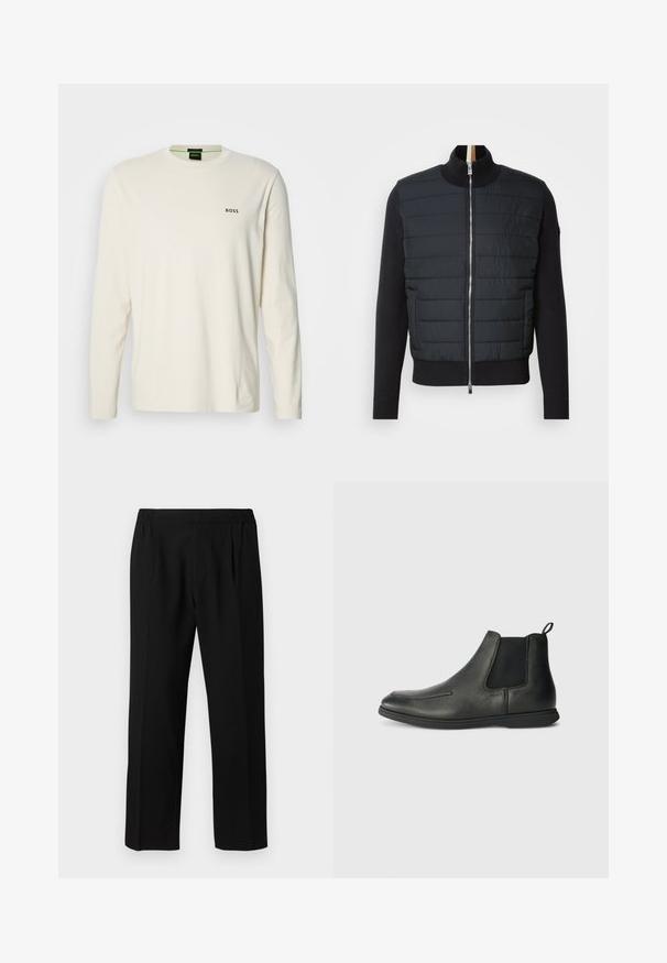Schwarze Jacke mit gesteppter Front, hohem Kragen und Reißverschluss. Hergestellt aus isolierendem Material mit gerippten Bündchen und Saum, zeichnet sich durch ein elegantes Design aus.; Langärmliges Creme-T-Shirt aus Baumwolle mit Rundhalsausschnitt und kleinem schwarzen "BOSS"-Logo auf der Brust. Glattes, leichtes Material.; Schwarze Hose aus einem glatten Stoff, mit einem elastischen Bund, geradem Bein und zwei Frontfalten für zusätzlichen Detail.; Schwarze Leder-Ankle-Boots mit glatter Textur, elastischen Seitenpanelen und einer Zuglasche auf der Rückseite. Rundspitze und Gummisohle.