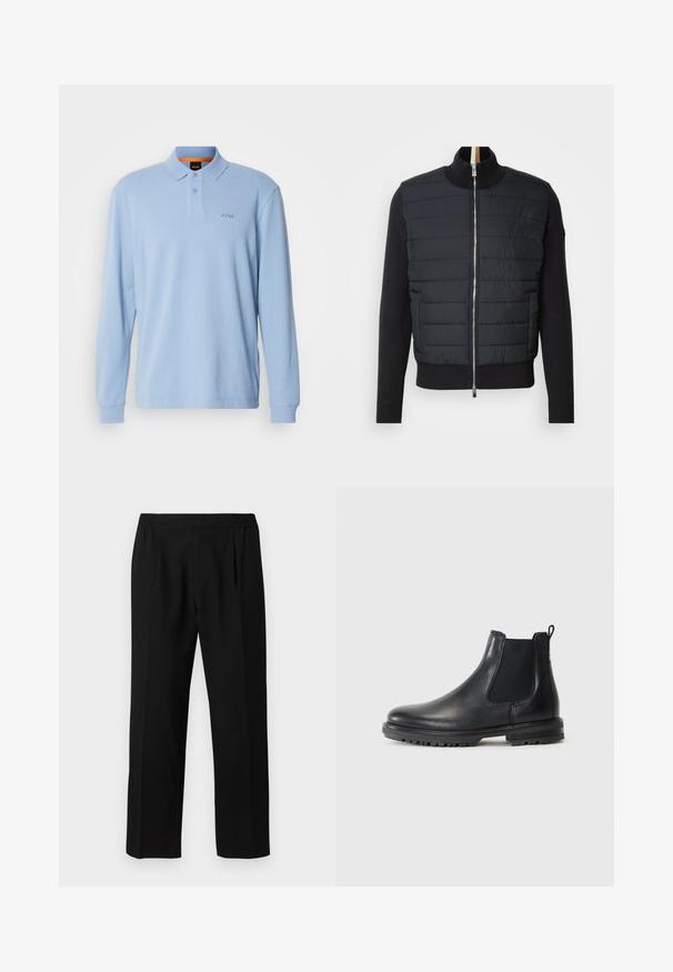 Svart jakke med quiltet front, høy krage og glidelås. Laget av isolert materiale med ribbede mansjetter og kant, med en slank design.; Lyseblå langermet poloskjorte i teksturert stoff med krage og to-knappslukking, med brodert "BOSS"-logo på brystet.; Svarte bukser laget av et glatt stoff, med elastisk liv, rett ben-design og to frontfold for ekstra detaljer.; Sorte skinn Chelsea-støvler med elastiske sider, bærestropp, avrundet tå og robust såle med grep-groove.