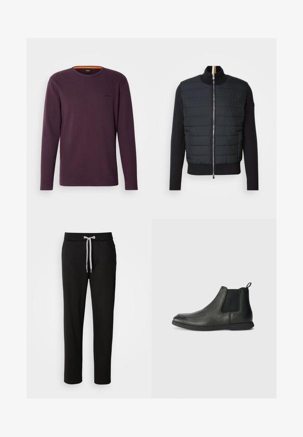 Černá bunda s prošívaným předním dílem, vysokým límcem a zipovým uzávěrem. Vyrobena z izolačního materiálu s žebrovanými manžetami a lemem, s elegantním designem.; Mikina s dlouhým rukávem a kulatým výstřihem v tmavě fialové barvě s žebrovanou strukturou. Obsahuje oranžový detail u límce a malé logo na hrudi.; Černé tepláky z měkkého materiálu, které mají elastický pás s šňůrkou a boční kapsy. Ležérní design s rovnými nohavicemi.; Černé kožené kotníkové boty s hladkým povrchem, elastickými bočními panely a poutkem na zadní straně. Oblý špička a gumová podrážka.