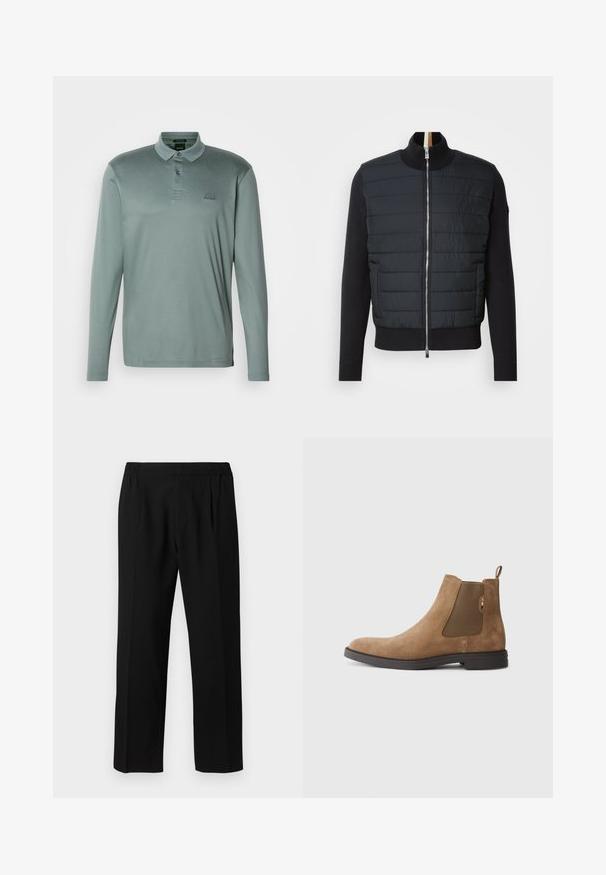 Black jacket with a quilted front, high collar, and zip closure. Made of insulated material with ribbed cuffs and hem, featuring a sleek design.; Long-sleeve polo shirt in a muted green fabric. Features a collar, three-button placket, and an embroidered logo on the chest.; Black trousers made of a smooth fabric, featuring an elastic waistband, straight leg design, and two front pleats for added detail.; Brown suede Chelsea boot with elastic side panels and a pull tab. Features a rounded toe and a flat rubber sole for stability.