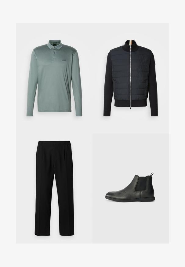 Schwarze Jacke mit gesteppter Front, hohem Kragen und Reißverschluss. Hergestellt aus isolierendem Material mit gerippten Bündchen und Saum, zeichnet sich durch ein elegantes Design aus.; Langärmliges Polohemd aus einem gedeckten grünen Stoff. Verfügt über einen Kragen, eine Knopfleiste mit drei Knöpfen und ein gesticktes Logo auf der Brust.; Schwarze Hose aus einem glatten Stoff, mit einem elastischen Bund, geradem Bein und zwei Frontfalten für zusätzlichen Detail.; Schwarze Leder-Ankle-Boots mit glatter Textur, elastischen Seitenpanelen und einer Zuglasche auf der Rückseite. Rundspitze und Gummisohle.