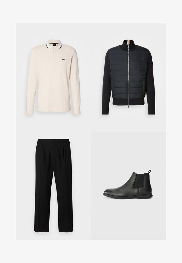 Juodas švarkas su siūtu priekiu, aukštu apykaklės ir užtrauktuku. Pagamintas iš šilumą izoliuojančio audinio, su įriptomis rankovėmis ir apačia, pasižymintis stilingu dizainu.; Kreminės spalvos ilgomis rankovėmis polo marškiniai su mygtukų eilute, juodai baltos dryžuotos apykaklės ir juodas "BOSS" logotipas kairėje krūtinės pusėje.; Juodi kelnės, pagamintos iš lygaus audinio, su elastinga juosmens juosta, tiesaus kirpimo dizainu ir dviem priekinėmis raukšlėmis papildomam akcentui.; Juodi odiniai aulinukai iki kulkšnių su lygiu paviršiumi, elastingais šoniniais įdėklais ir kilpos formos užtrauktuku gale. Suapvalinta nosis ir guminis padas.