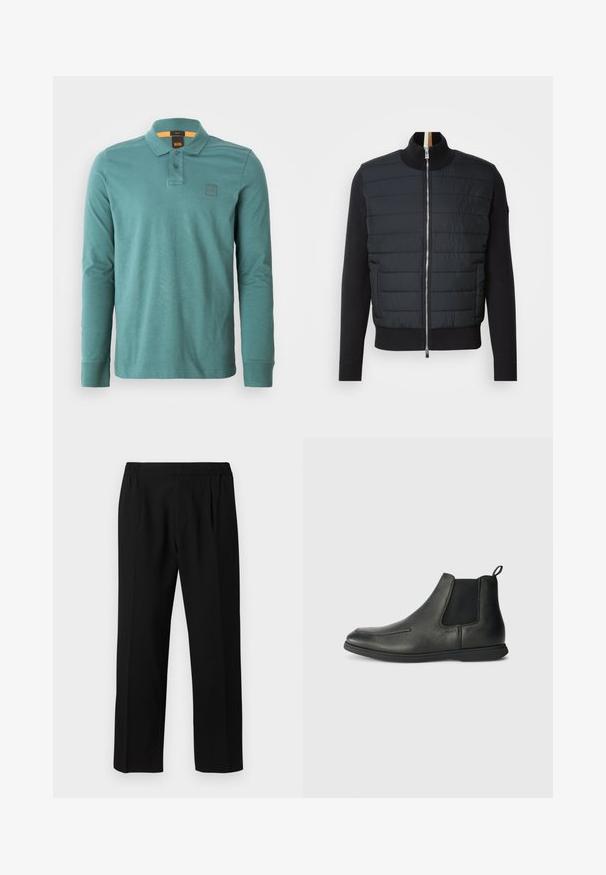 Sort jakke med quiltet front, høj krave og lynlåslukning. Fremstillet af isoleringsmateriale med ribbet manchetter og kant, der har et strømlinet design.; Langærmet polo-shirt i teal bomuld. Har en krave, to knapper og et lille logo-patch på venstre bryst.; Sorte bukser lavet af et glat stof, med et elastisk taljebånd, lige ben-design og to frontfolder for ekstra detaljer.; Sorte læder ankelstøvler med en glat overflade, elastiske sidepaneler og en løkke bagpå. Rundet tå og gummisål.