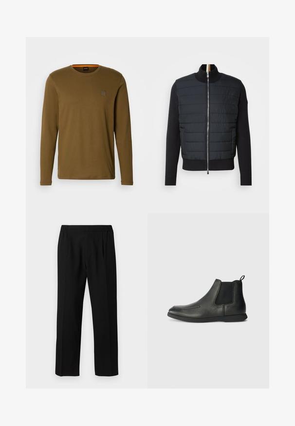 Schwarze Jacke mit gesteppter Front, hohem Kragen und Reißverschluss. Hergestellt aus isolierendem Material mit gerippten Bündchen und Saum, zeichnet sich durch ein elegantes Design aus.; Langärmliges Hemd aus olivgrüner Baumwolle, mit Rundhalsausschnitt, ausgestattet mit einem kleinen braunen Logo-Patch auf der Brust und einem orangefarbenen Innenauschnitt.; Schwarze Hose aus einem glatten Stoff, mit einem elastischen Bund, geradem Bein und zwei Frontfalten für zusätzlichen Detail.; Schwarze Leder-Ankle-Boots mit glatter Textur, elastischen Seitenpanelen und einer Zuglasche auf der Rückseite. Rundspitze und Gummisohle.