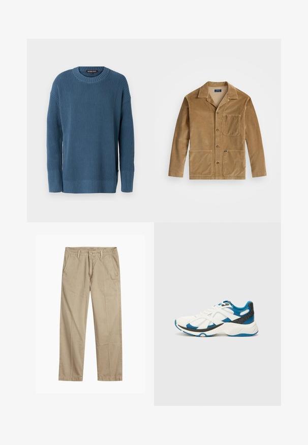 Varinės spalvos kordūroji striukė su apykakle, priekyje užsegama mygtukais ir dviem didelėmis kišenėmis. Taip pat turi krūtinės kišenę ir logotipo detalę.; Mėlynas megztas džemperis su apvalia kaklo iškarpa, ilgomis rankovėmis ir gumbai ant rankogalių bei apačios. Yra tekstūruotas raštas ir logotipo etiketė šone.; Bežiniai tiesaus kirpimo chinos kelnės su diržo kilputėmis, priekyje esančia mygtuko ir užtrauktuko uždarymo sistema, bei šoninėmis kišenėmis.; Balti sportiniai bateliai su mėlynais akcentais, tinklinė ir sintetinė viršutinė dalis, tekstūruota pilka kulno dalis, apvalus pirštas ir paminkštintas baltas padas.