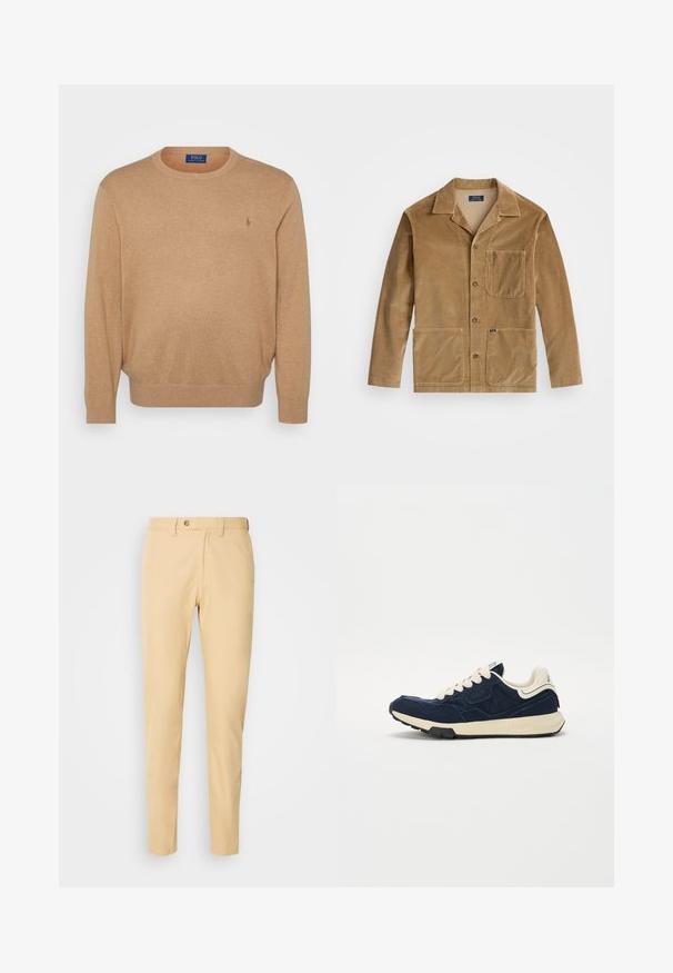 Casaco de corduroy em tom bege com gola, fecho frontal por botões e duas grandes bolsos. Inclui um bolso no peito e detalhe do logotipo.; Sweater bege de gola redonda feito de um tecido suave, com um decote e punhos canelados, apresentando um pequeno logótipo bordado no peito.; Calças bege de algodão com corte reto, apresentando fecho de botão, passantes para cinto e bolsos laterais. Textura lisa, sem padrões.; Tênis azul-marinho com upper de camurça texturizada, atacadores creme e meio-sola bege. Apresenta um design atlético clássico e sola de borracha.