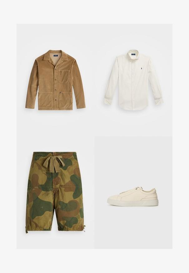 Béžová manšestrová bunda s límcem, zapínáním na tlačítka vpředu a dvěma velkými kapsami. Obsahuje také náprsní kapsu a detail s logem.; Bílá košile s dlouhým rukávem z bavlny, s klopou na knoflíky, jedním kapsou na hrudi a malým námořnickým logem na levé straně.; Maskovací šortky v odstínech zelené a hnědé, vyrobené z lehkého materiálu, s páskem na stažení v pase a nařasenými detaily na lemu.; Krémové kožené tenisky s kulatou špičkou, minimalistickým designem, jemnými švy a texturovaným svrškem, na světlé podrážce.