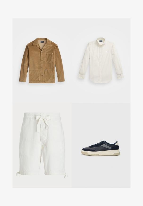 Béžová manšestrová bunda s límcem, zapínáním na tlačítka vpředu a dvěma velkými kapsami. Obsahuje také náprsní kapsu a detail s logem.; Bílá košile s dlouhým rukávem z bavlny, s klopou na knoflíky, jedním kapsou na hrudi a malým námořnickým logem na levé straně.; Bílé bavlněné šortky s tkaničkou v pase, ohrnutým lemem se stahovacími šňůrkami a plochými předními kapsami. Hladká, lehká textilie.; BOSS BALTIMORE - Tenisky - open blue