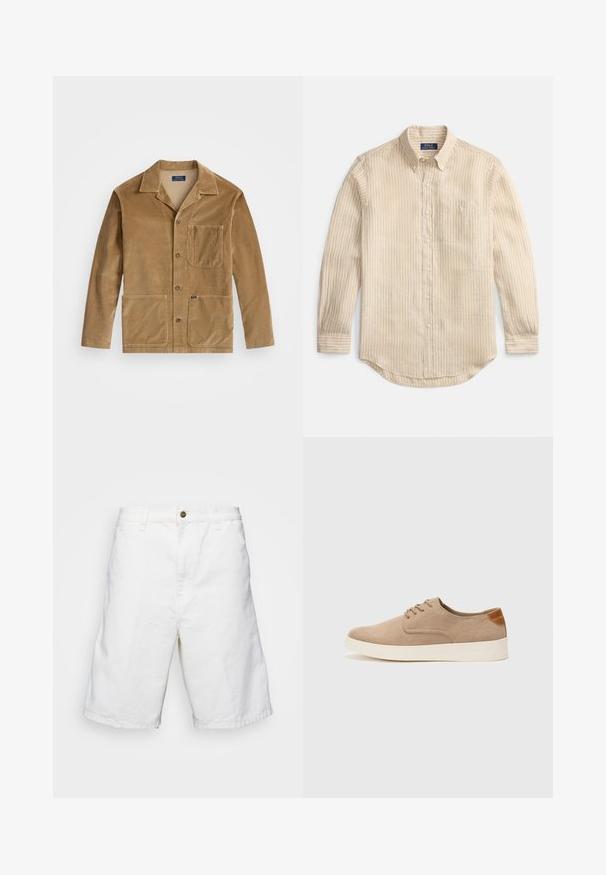 Kamelitooni kootud jope, millel on kaelus, esi-nuppude sulgemine ja kaks suurtTaskut. Sisaldab rinna taskut ja logo detaili.; Beežika pika varrukaga nööpidega särk valgete vertikaalsete triipudega, nööbitava krae, rinnatasku ja krae sees oleva "Polo Ralph Lauren" sildiga.; Valge puuvillane lühike püksid, sirge lõikega, nupuga kinni, vööloopide ja sileda tekstuuriga, kuni põlveni ulatuv disain.; Beežid nahast tossud ümarate varvastega, paeltega esiosa ja tekstuuriga tagakontuuriga. Valge kummist tallapakkumine loob kontrasti. Lihtne ja kaasaegne disain.