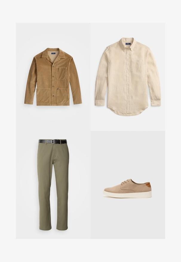 Casaco de corduroy em tom bege com gola, fecho frontal por botões e duas grandes bolsos. Inclui um bolso no peito e detalhe do logotipo.; Camisa bege de manga comprida com botões, riscas verticais brancas, gola com botões, bolso no peito e etiqueta "Polo Ralph Lauren" no interior da gola.; Calças retas de cor verde-azeitona feitas de algodão, com um cinto de couro preto, costura visível e bolsos laterais.; Sapatilhas de camurça bege com bico arredondado, fecho de atacadores na parte da frente e um detalhe texturizado na parte de trás. A sola de borracha branca proporciona contraste. Design simples e moderno.